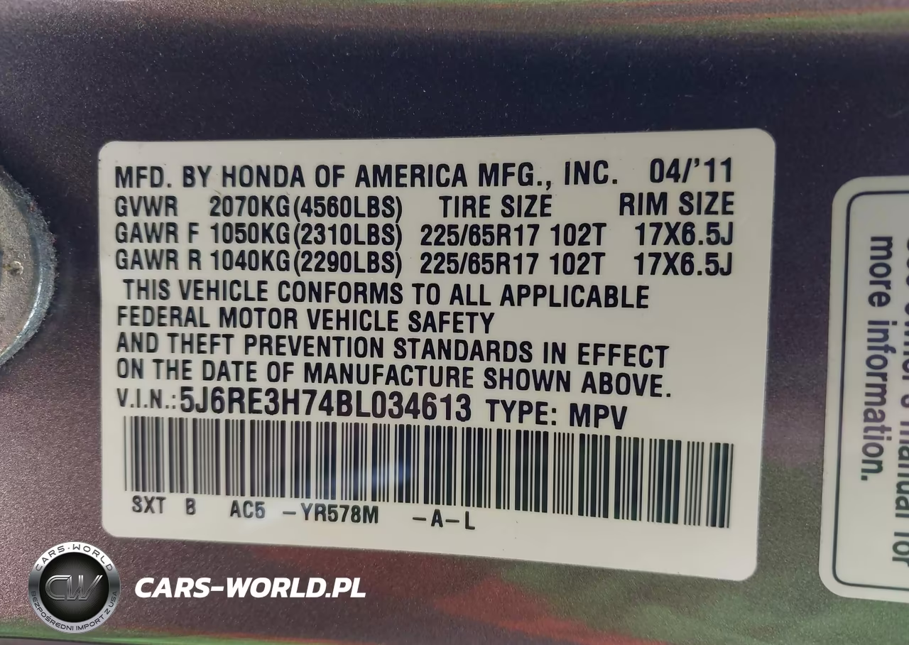 2011 Honda Cr-V Ex-L VIN:5J6RE3H74BL034613 - 9