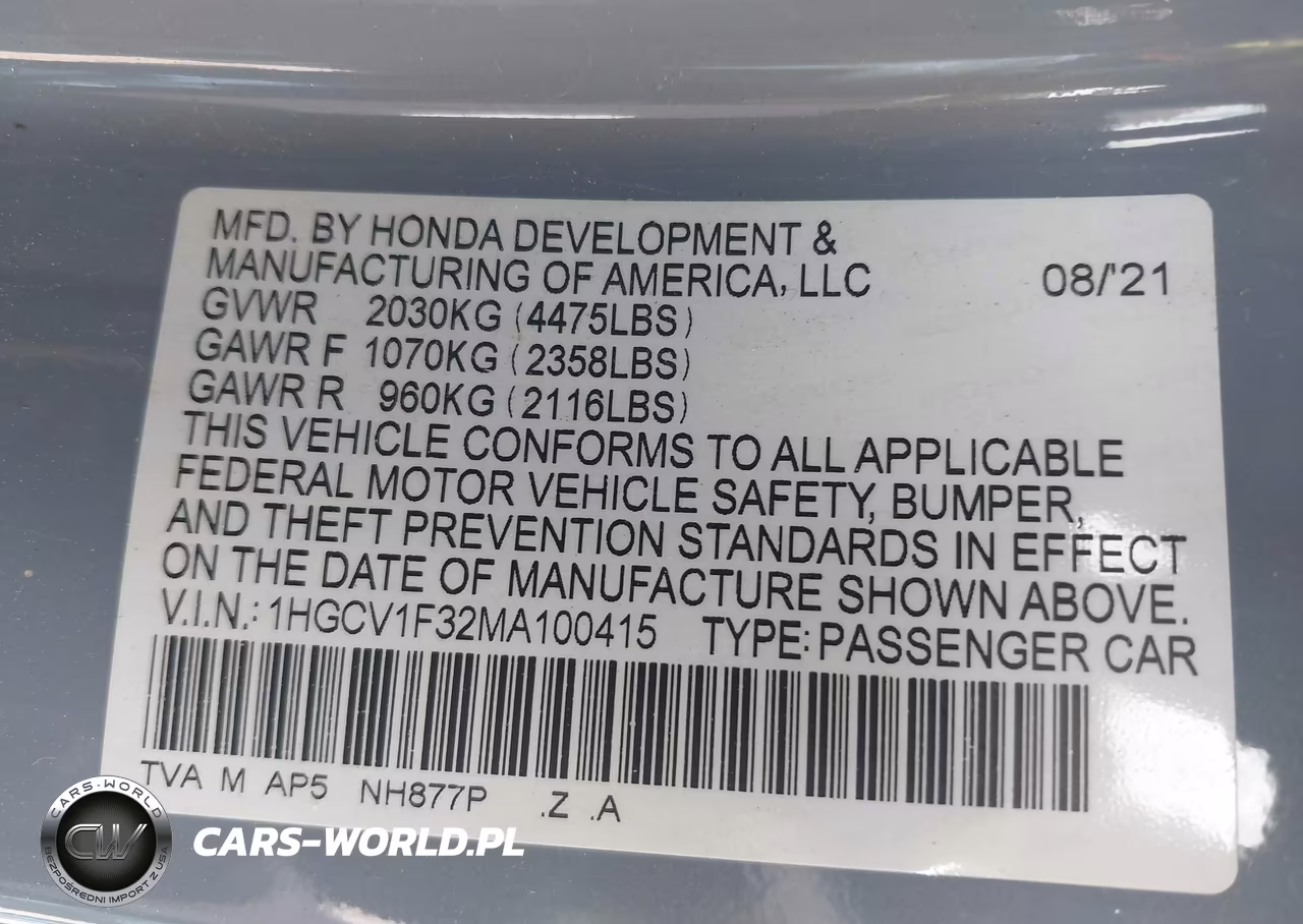 2021 Honda Accord Sport VIN:1HGCV1F32MA100415 - 9