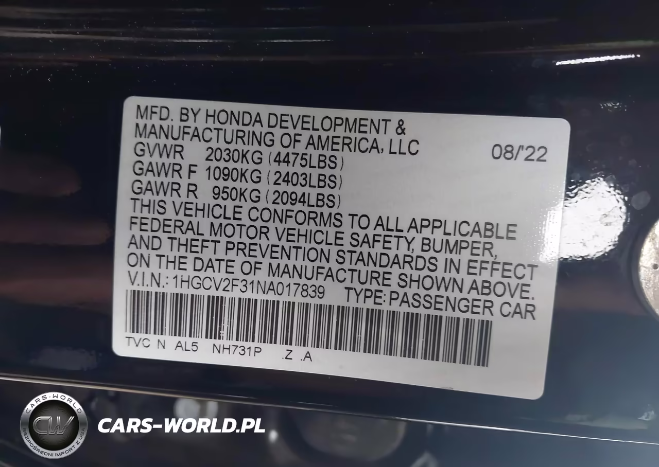 2022 Honda Accord Sport 2.0T VIN:1HGCV2F31NA017839 - 9