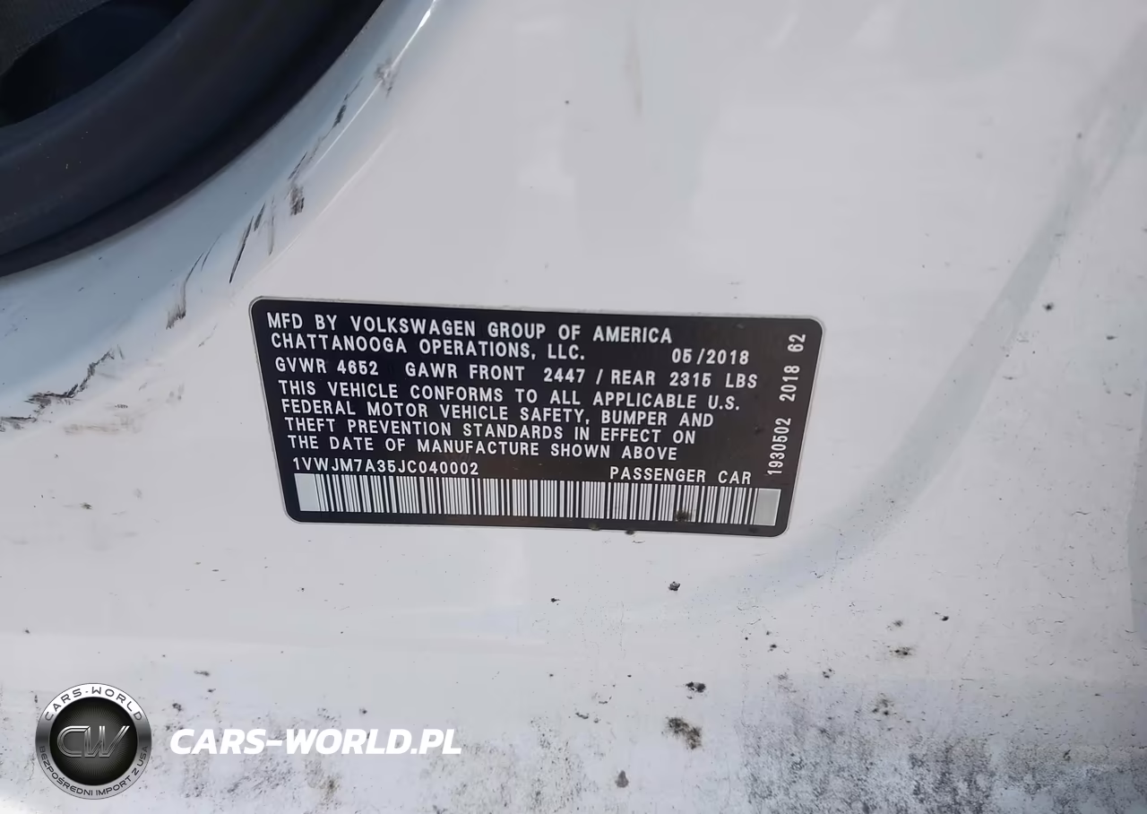 2018 Volkswagen Passat 3.6L V6 Gt VIN:1VWJM7A35JC040002 - 9