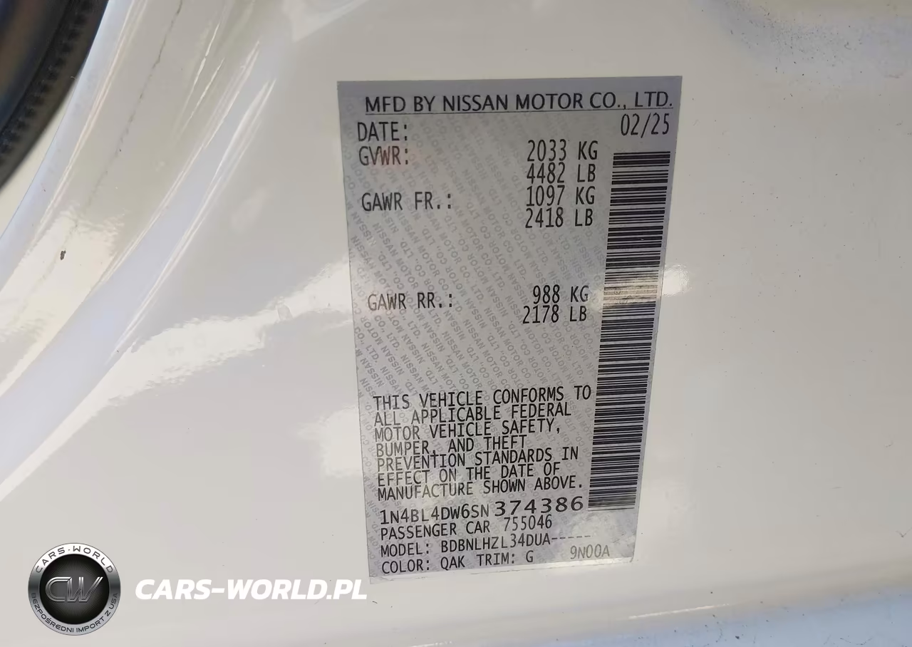 2025 Nissan Altima Sv Awd VIN:1N4BL4DW6SN374386 - 9