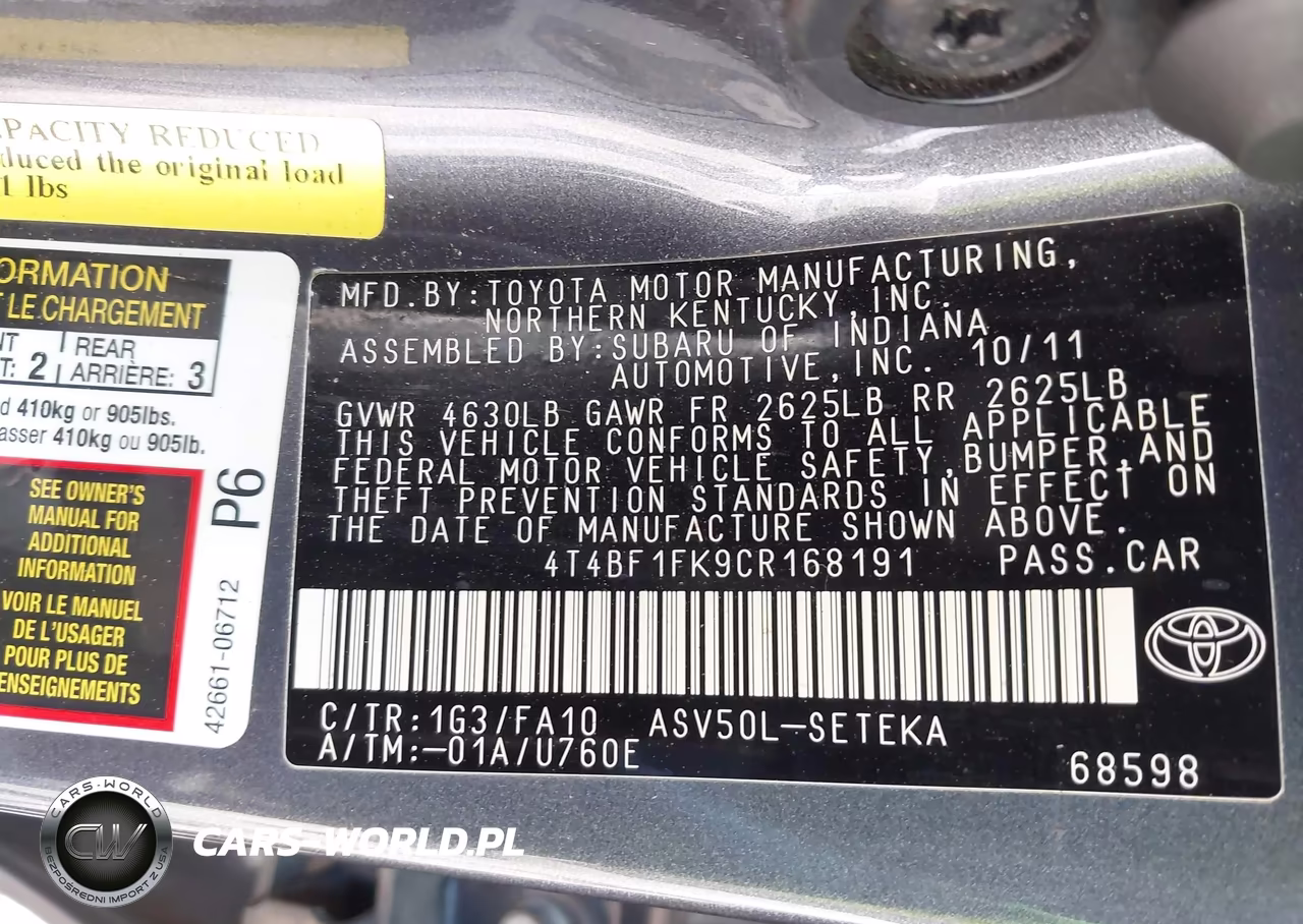 2012 Toyota Camry L VIN:4T4BF1FK9CR168191 - 9