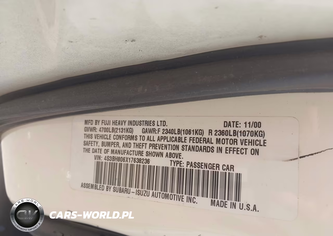 2001 Subaru Outback H6-3.0 VIN:4S3BH806X17638236 - 9