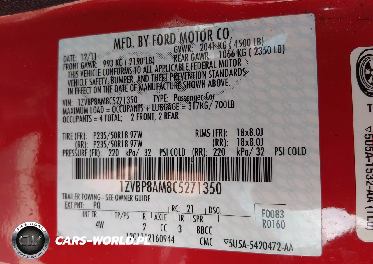 2012 Ford Mustang V6 Premium VIN:1ZVBP8AM8C5271350 - 9