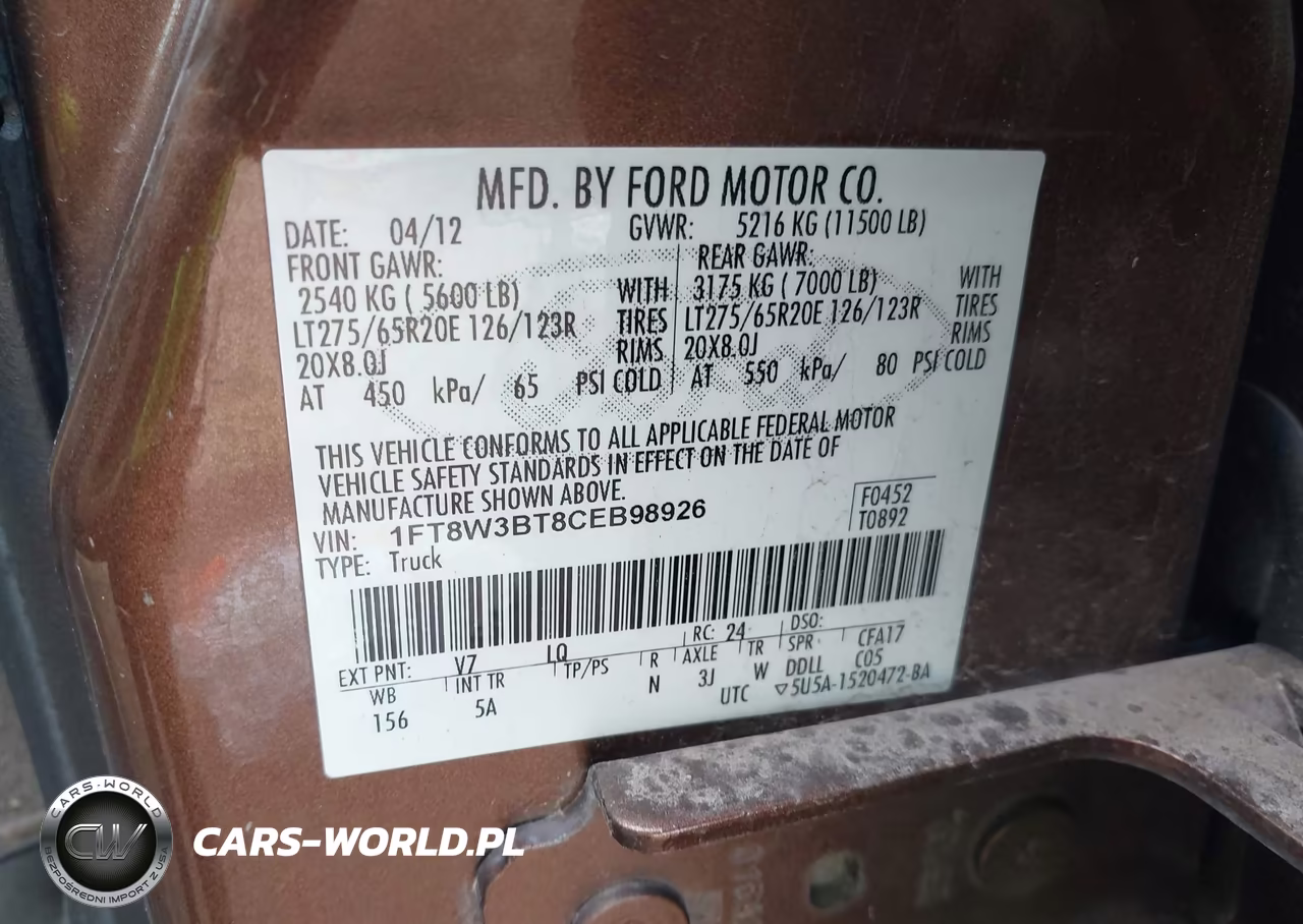 2012 Ford F-350 Lariat VIN:1FT8W3BT8CEB98926 - 8