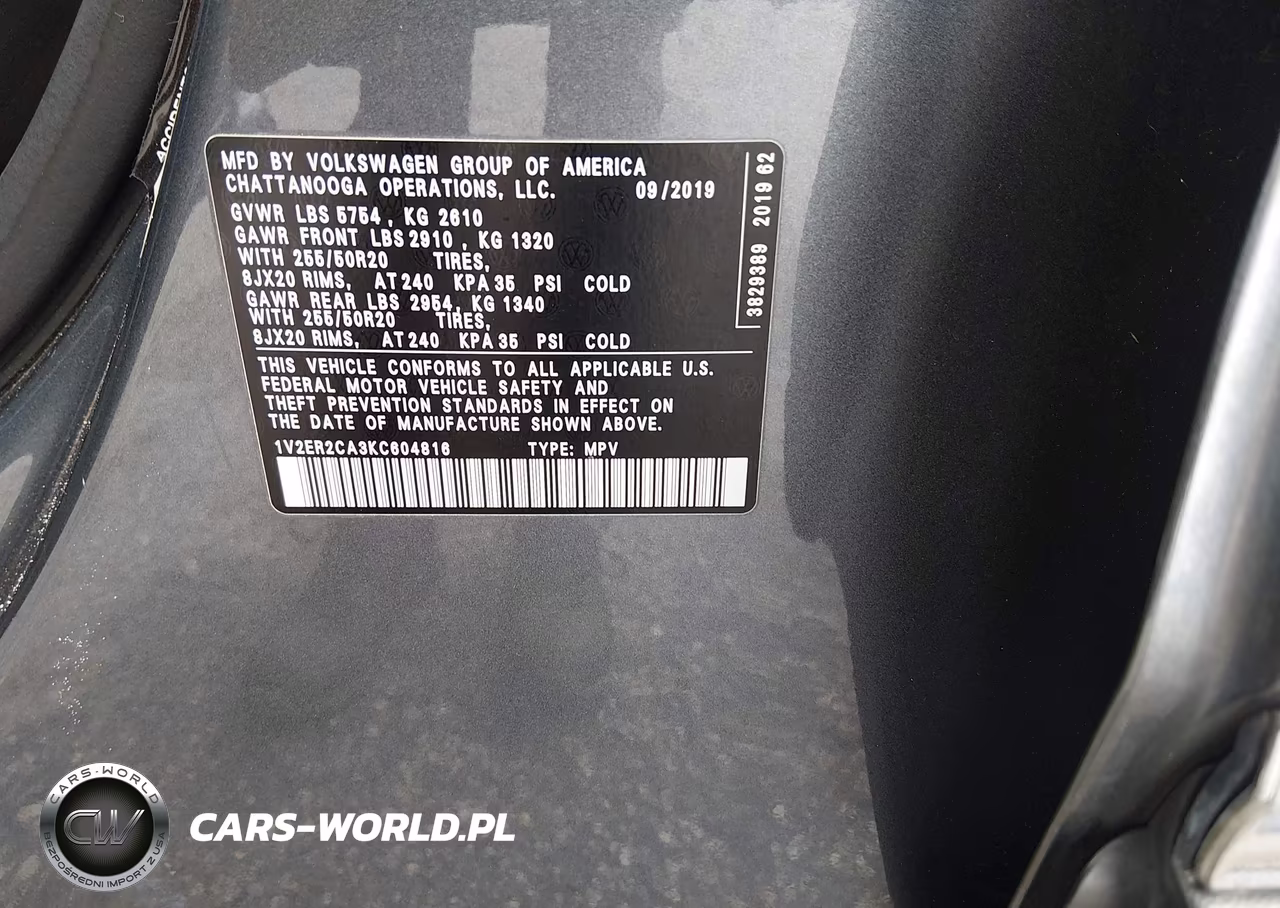 2019 Volkswagen Atlas 3.6L V6 Sel VIN:1V2ER2CA3KC604816 - 9