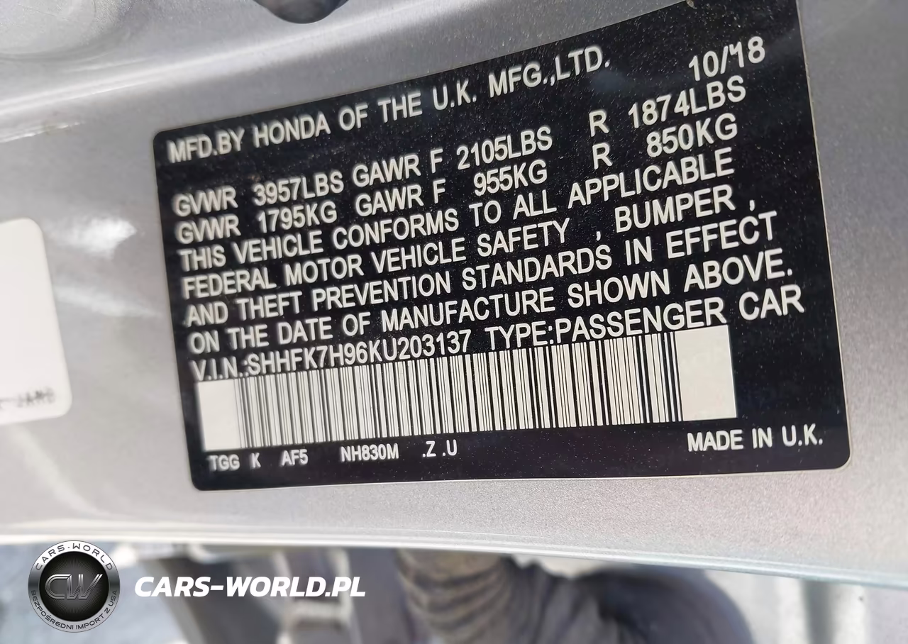 2019 Honda Civic Sport Touring VIN:SHHFK7H96KU203137 - 9