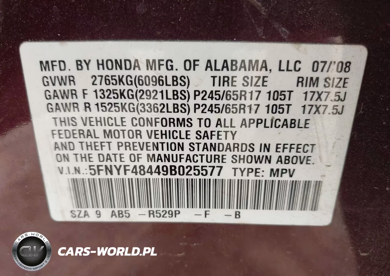 2009 Honda Pilot Ex VIN:5FNYF48449B025577 - 9