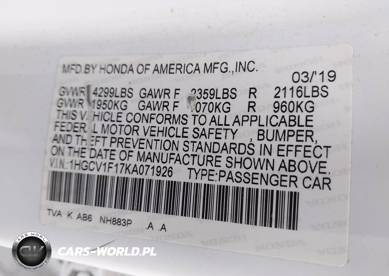 2019 Honda Accord Lx VIN:1HGCV1F17KA071926 - 9