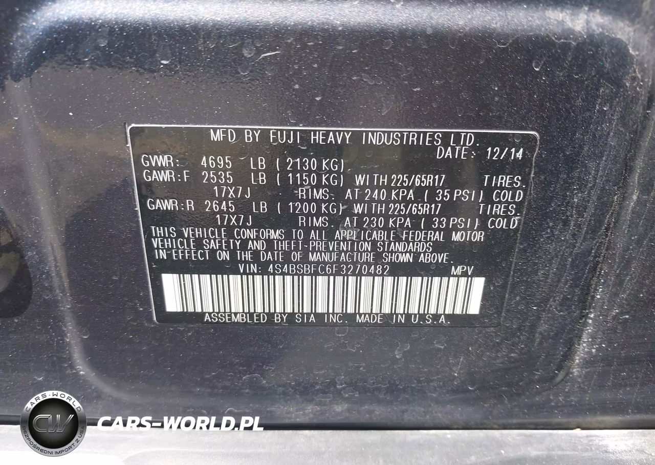 2015 Subaru Outback 2.5I Premium VIN:4S4BSBFC6F3270482 - 9