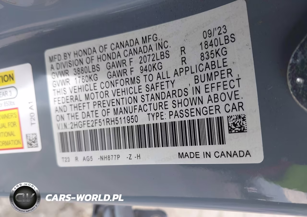 2024 Honda Civic Sport VIN:2HGFE2F51RH511950 - 9