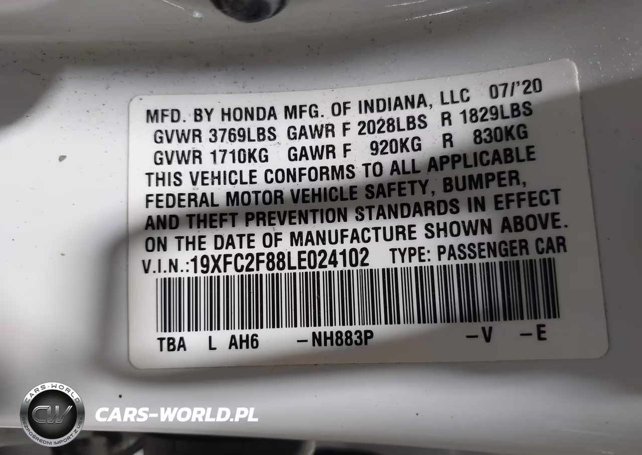 2020 Honda Civic Sport VIN:19XFC2F88LE024102 - 9