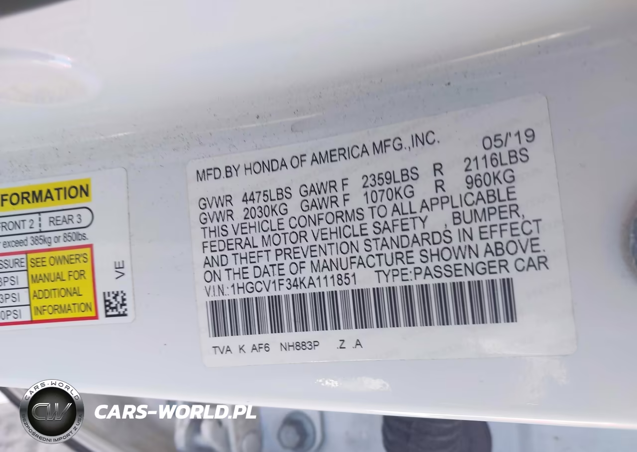 2019 Honda Accord Sport VIN:1HGCV1F34KA111851 - 9
