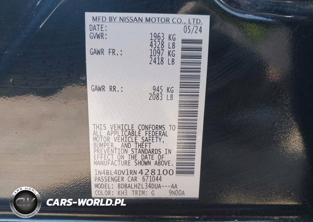 2024 Nissan Altima Sv Fwd VIN:1N4BL4DV1RN428100 - 9