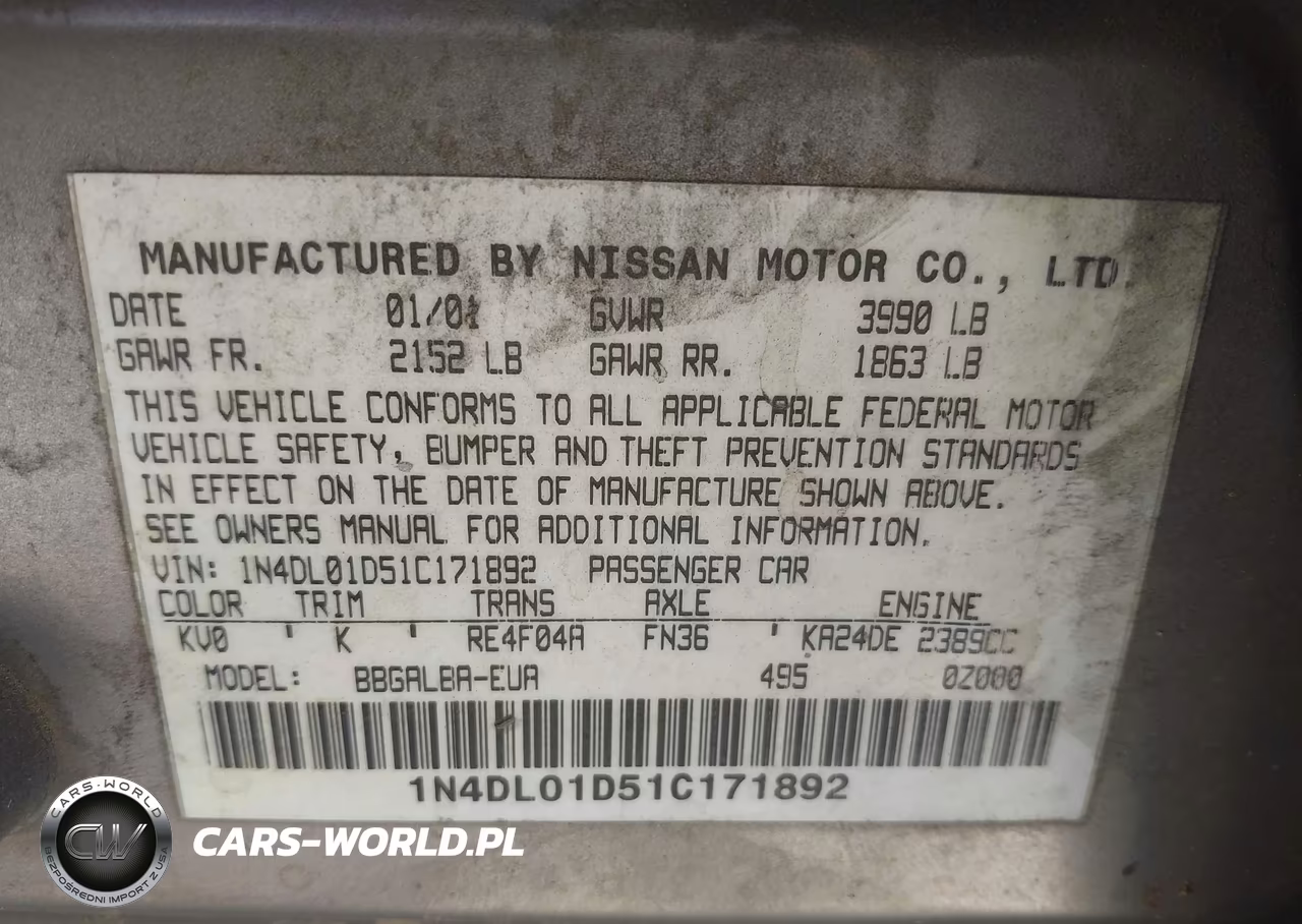2001 Nissan Altima Gxe VIN:1N4DL01D51C171892 - 9