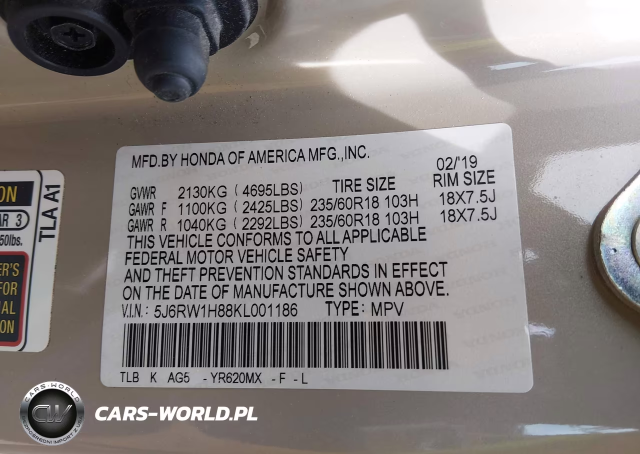 2019 Honda Cr-V Ex-L VIN:5J6RW1H88KL001186 - 9