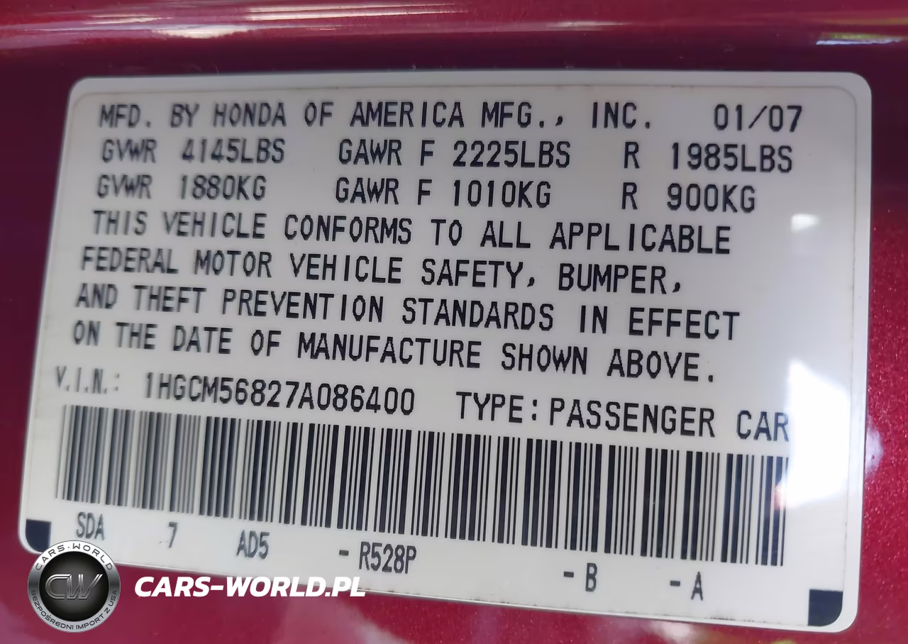 2007 Honda Accord 2.4 Ex VIN:1HGCM56827A086400 - 9