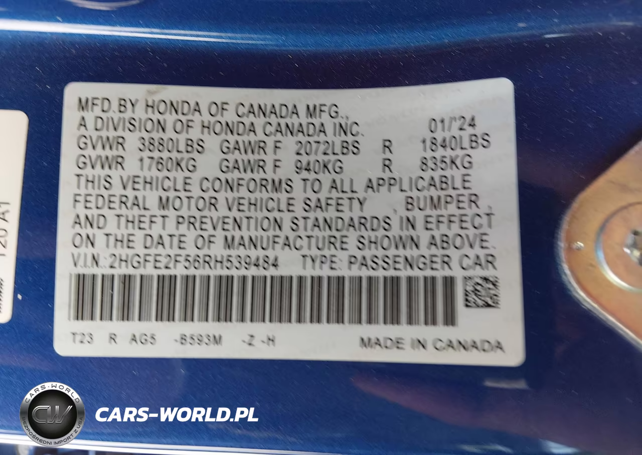 2024 Honda Civic Sport VIN:2HGFE2F56RH539484 - 9