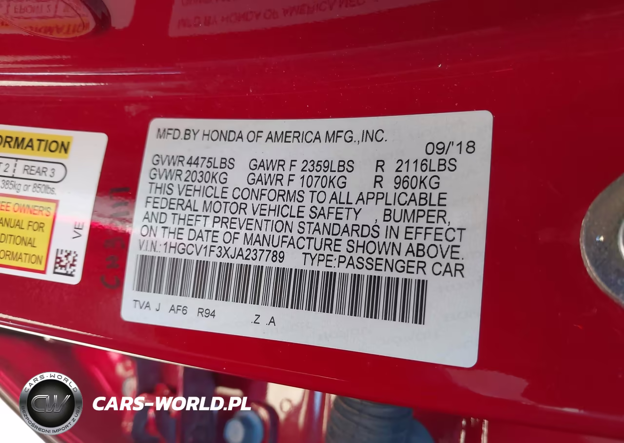 2018 Honda Accord Sport VIN:1HGCV1F3XJA237789 - 9
