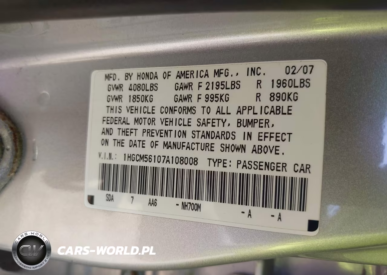2007 Honda Accord 2.4 Vp VIN:1HGCM56107A108008 - 9