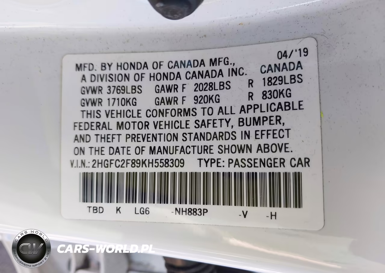 2019 Honda Civic Sport VIN:2HGFC2F89KH558309 - 9