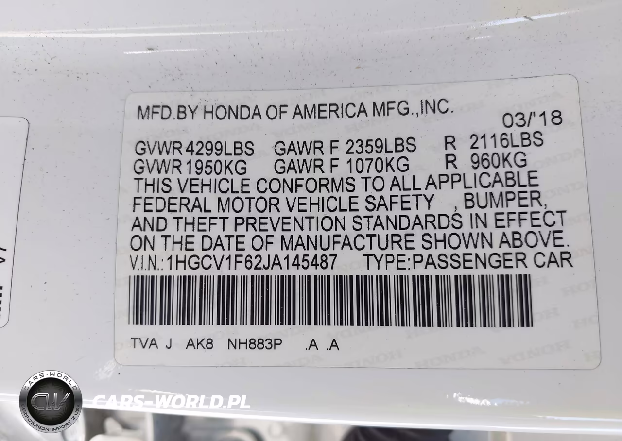 2018 Honda Accord Ex-L VIN:1HGCV1F62JA145487 - 9