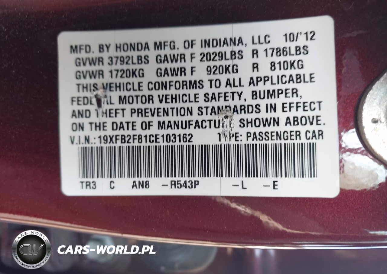 2012 Honda Civic Ex VIN:19XFB2F81CE103162 - 9