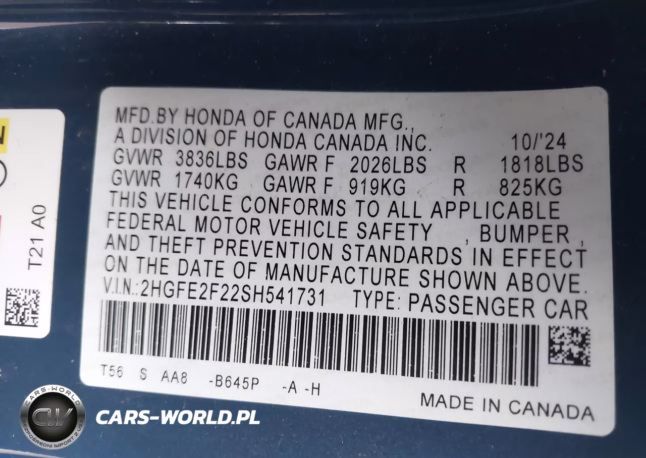2025 Honda Civic Lx VIN:2HGFE2F22SH541731 - 9