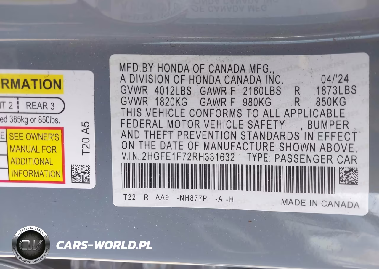 2024 Honda Civic Ex VIN:2HGFE1F72RH331632 - 9