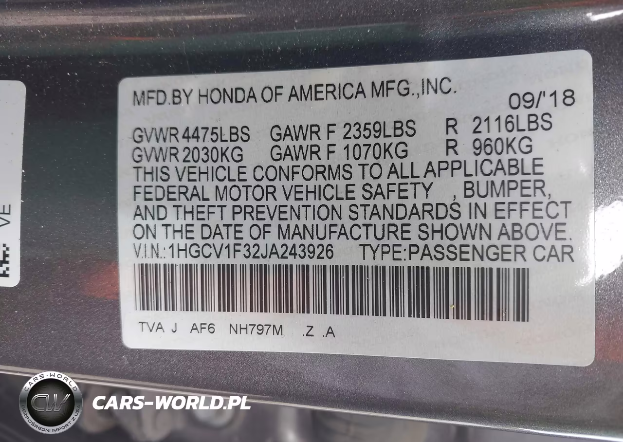 2018 Honda Accord Sport VIN:1HGCV1F32JA243926 - 9