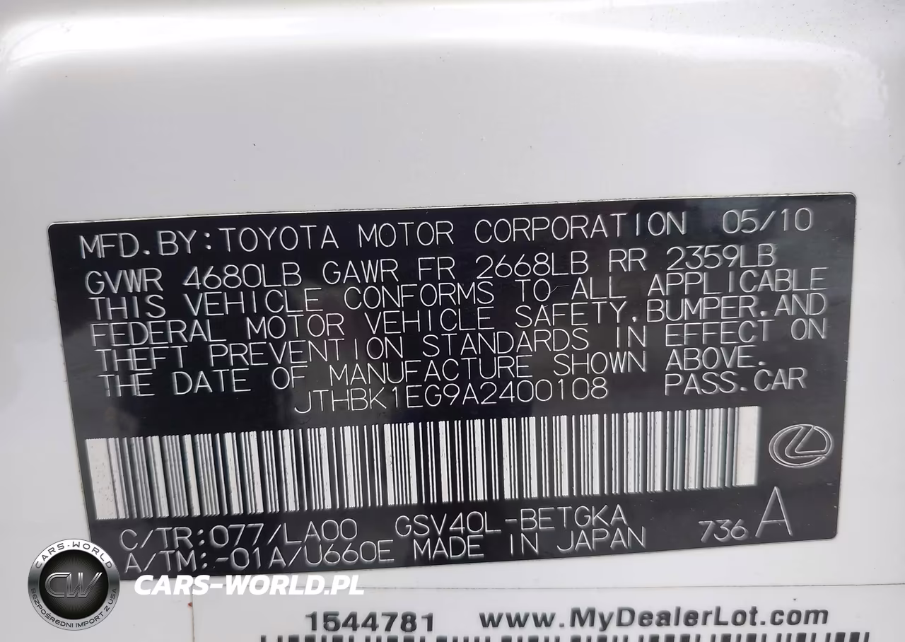 2010 Lexus Es 350 VIN:JTHBK1EG9A2400108 - 9