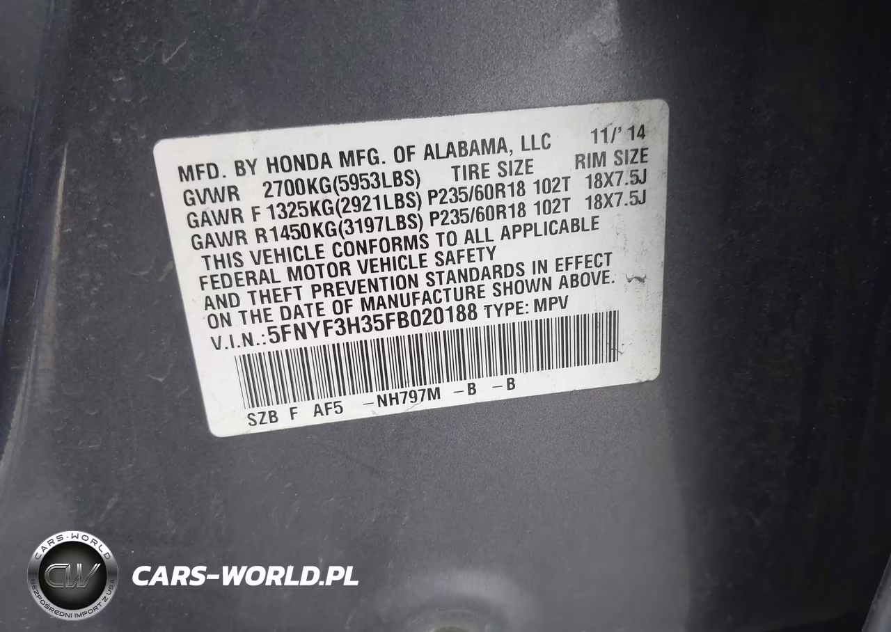 2015 Honda Pilot Se VIN:5FNYF3H35FB020188 - 9