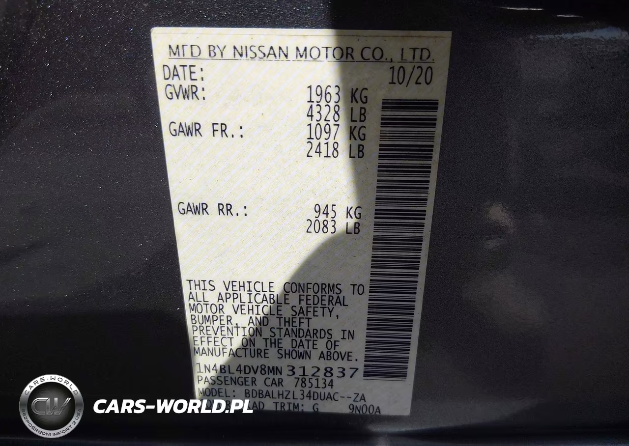 2021 Nissan Altima Sv Fwd VIN:1N4BL4DV8MN312837 - 9