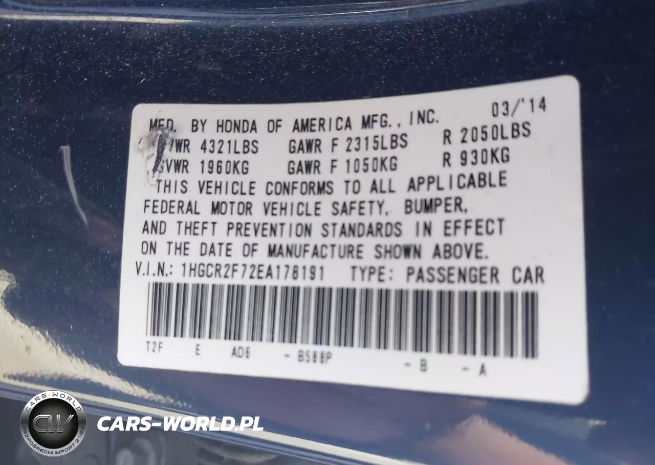 2014 Honda Accord Ex VIN:1HGCR2F72EA178191 - 9