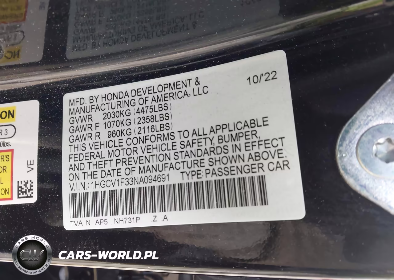 2022 Honda Accord Sport VIN:1HGCV1F33NA094691 - 9