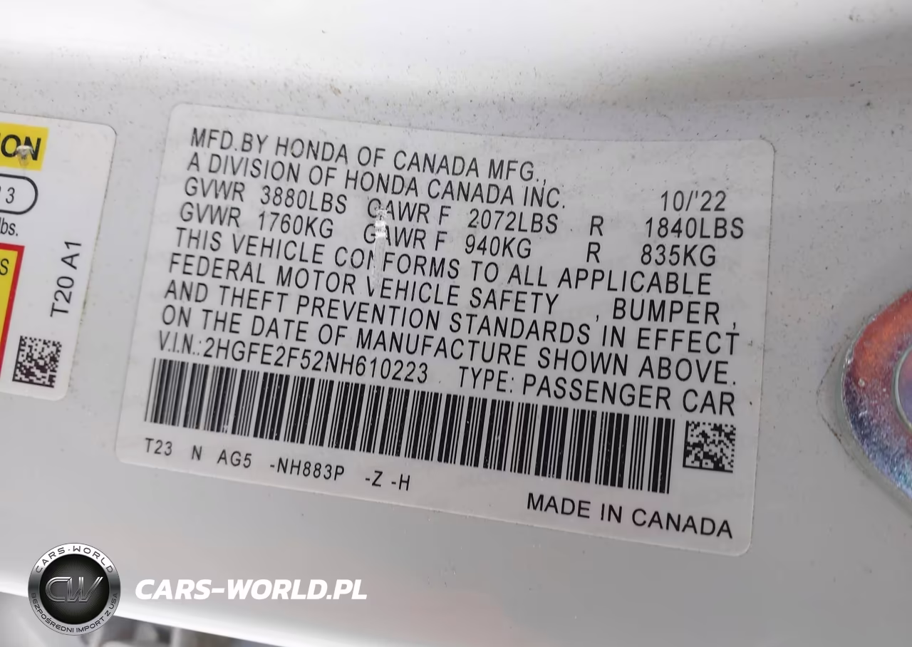 2022 Honda Civic Sport VIN:2HGFE2F52NH610223 - 9