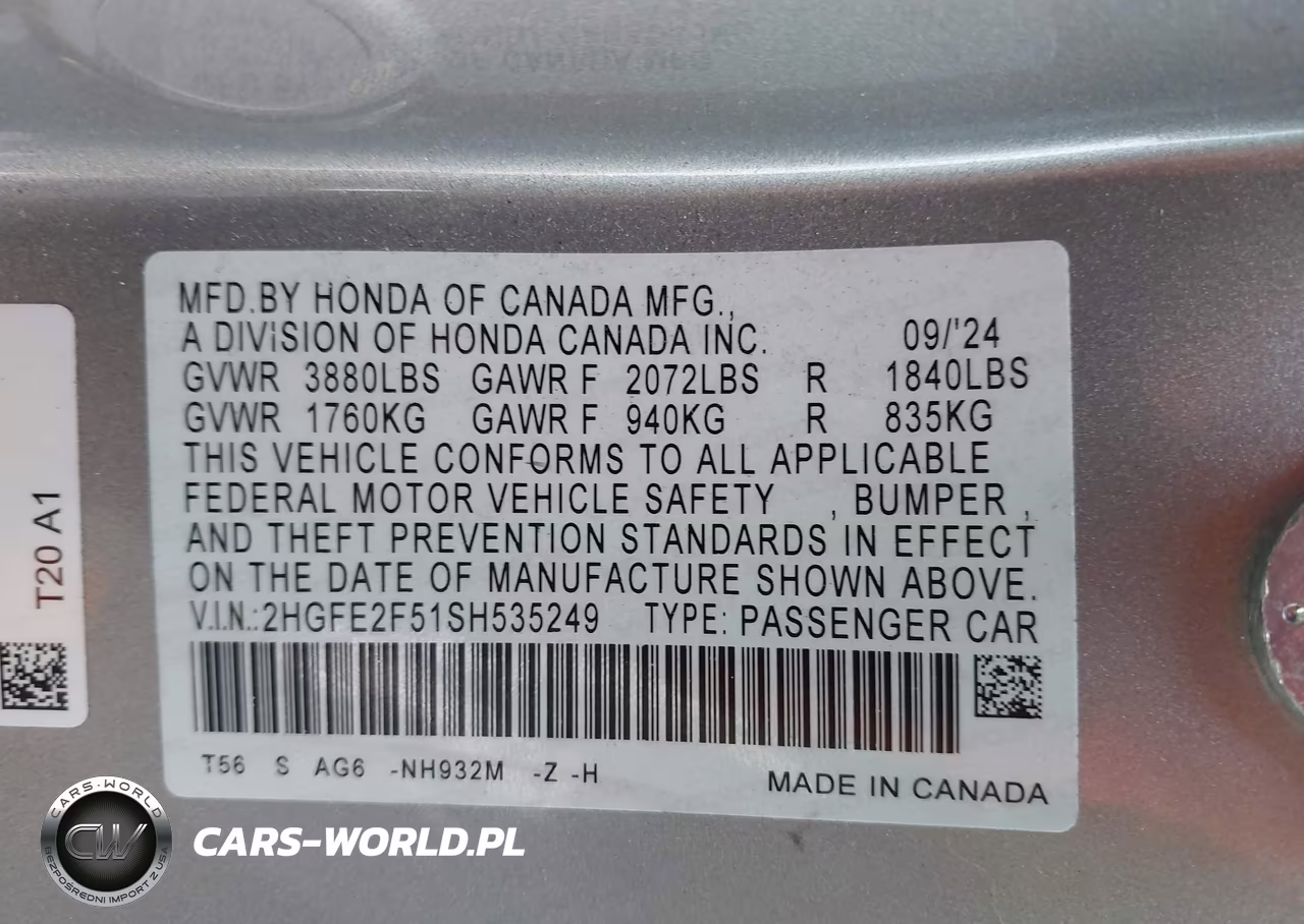 2025 Honda Civic Sport VIN:2HGFE2F51SH535249 - 9