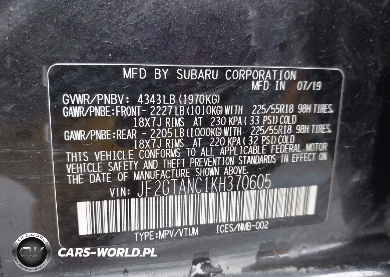 2019 Subaru Crosstrek 2.0I Limited VIN:JF2GTANC1KH370605 - 9