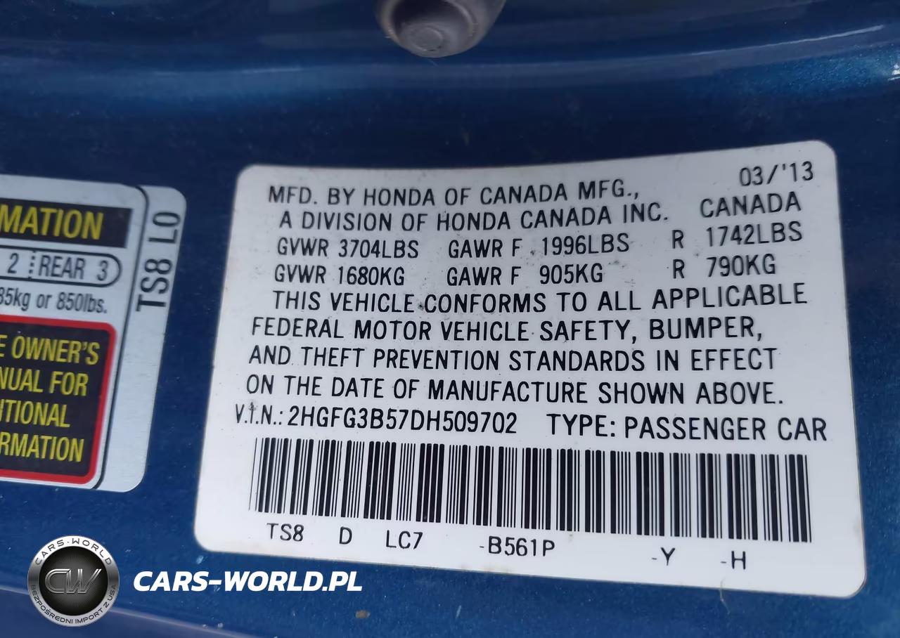 2013 Honda Civic Lx VIN:2HGFG3B57DH509702 - 9