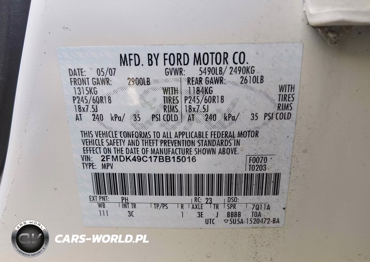 2007 Ford Edge Sel Plus VIN:2FMDK49C17BB15016 - 9
