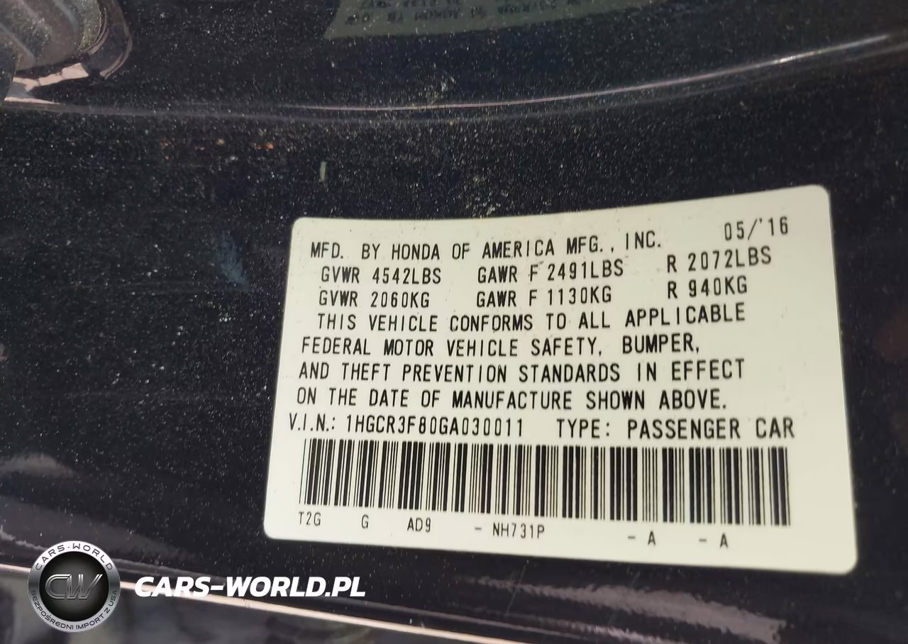 2016 Honda Accord Ex-L V-6 VIN:1HGCR3F80GA030011 - 9