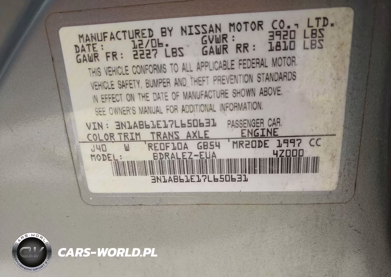 2007 Nissan Sentra 2.0S VIN:3N1AB61E17L650631 - 9
