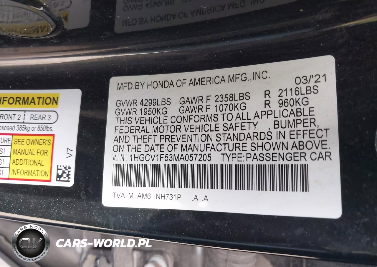 2021 Honda Accord Ex-L VIN:1HGCV1F53MA057205 - 9