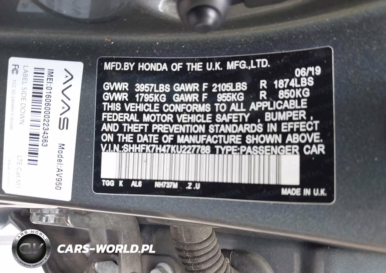 2019 Honda Civic Sport VIN:SHHFK7H47KU227788 - 9