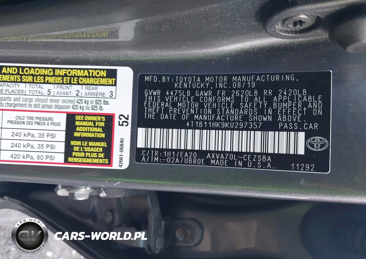 2019 Toyota Camry Se VIN:4T1B11HK9KU297357 - 9
