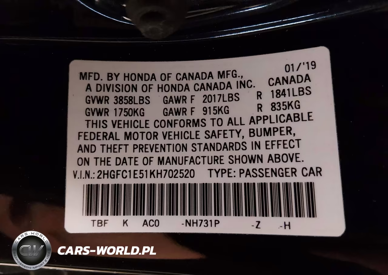 2019 Honda Civic Si VIN:2HGFC1E51KH702520 - 9