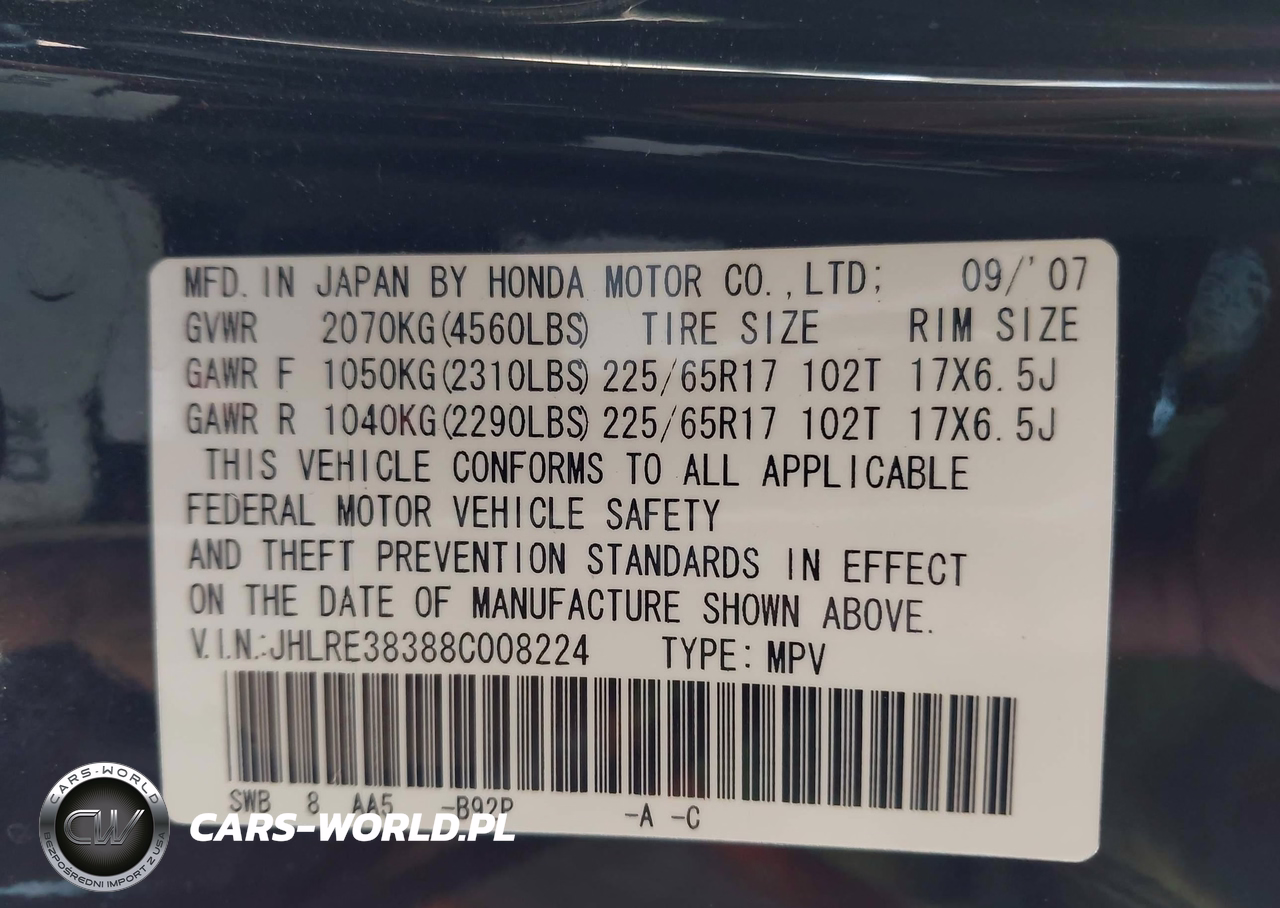 2008 Honda Cr-V Lx VIN:JHLRE38388C008224 - 9