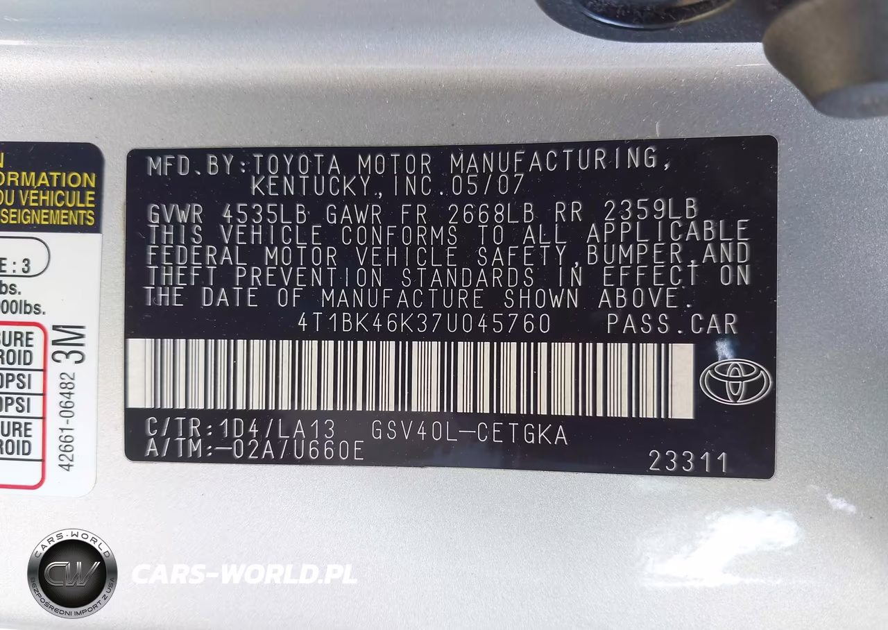 2007 Toyota Camry Xle V6 VIN:4T1BK46K37U045760 - 9