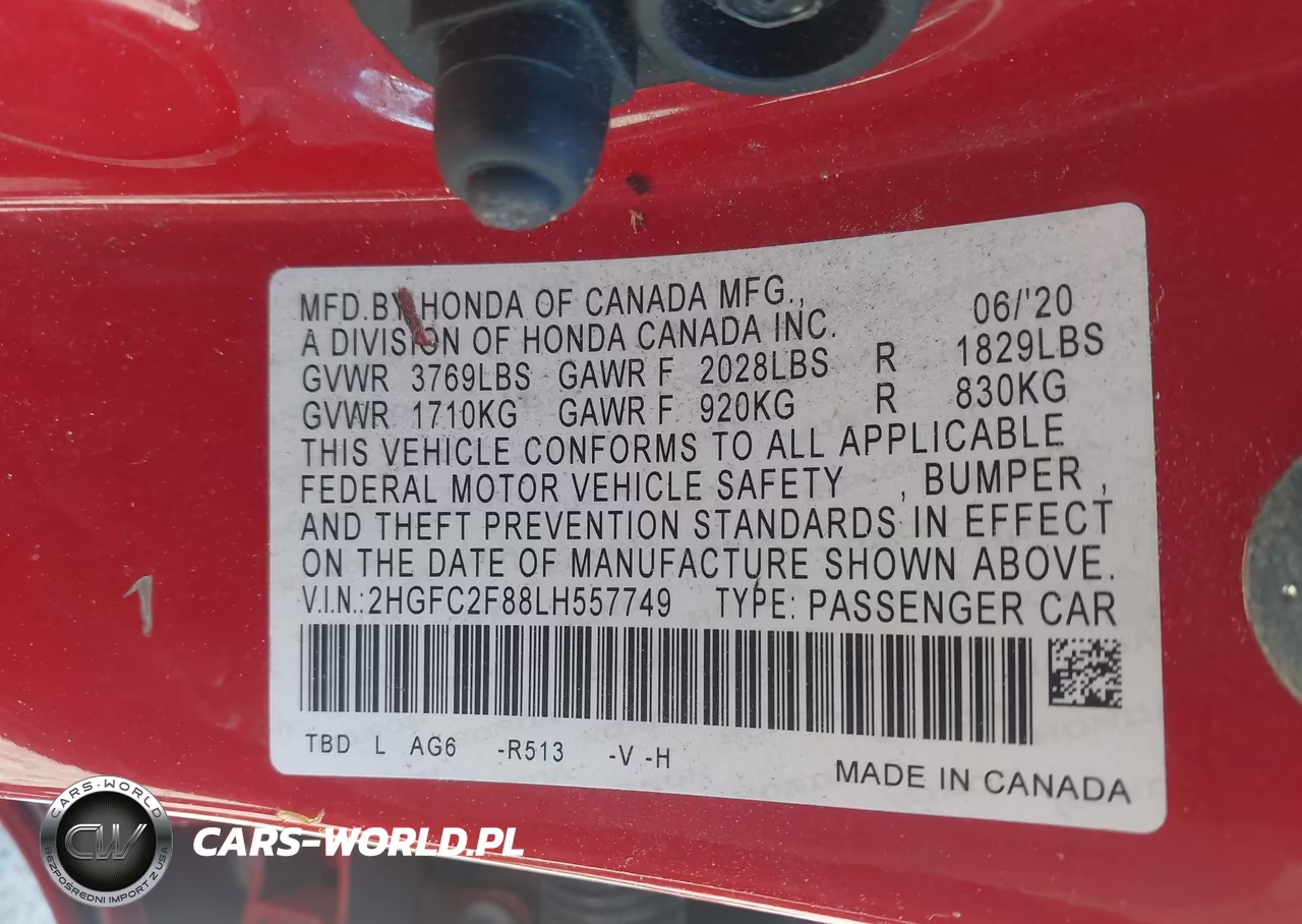 2020 Honda Civic Sport VIN:2HGFC2F88LH557749 - 9