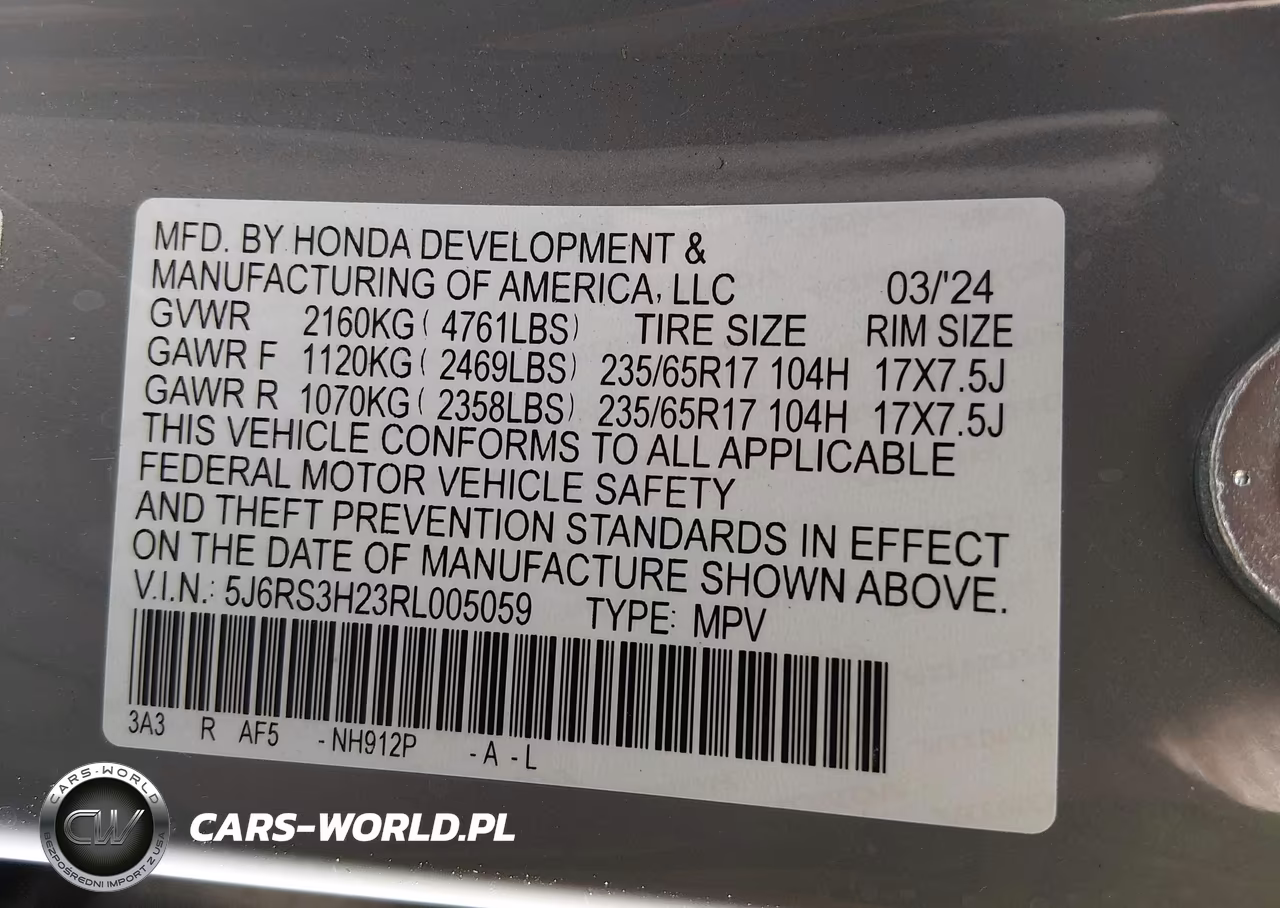 2024 Honda Cr-V Lx 2Wd VIN:5J6RS3H23RL005059 - 9